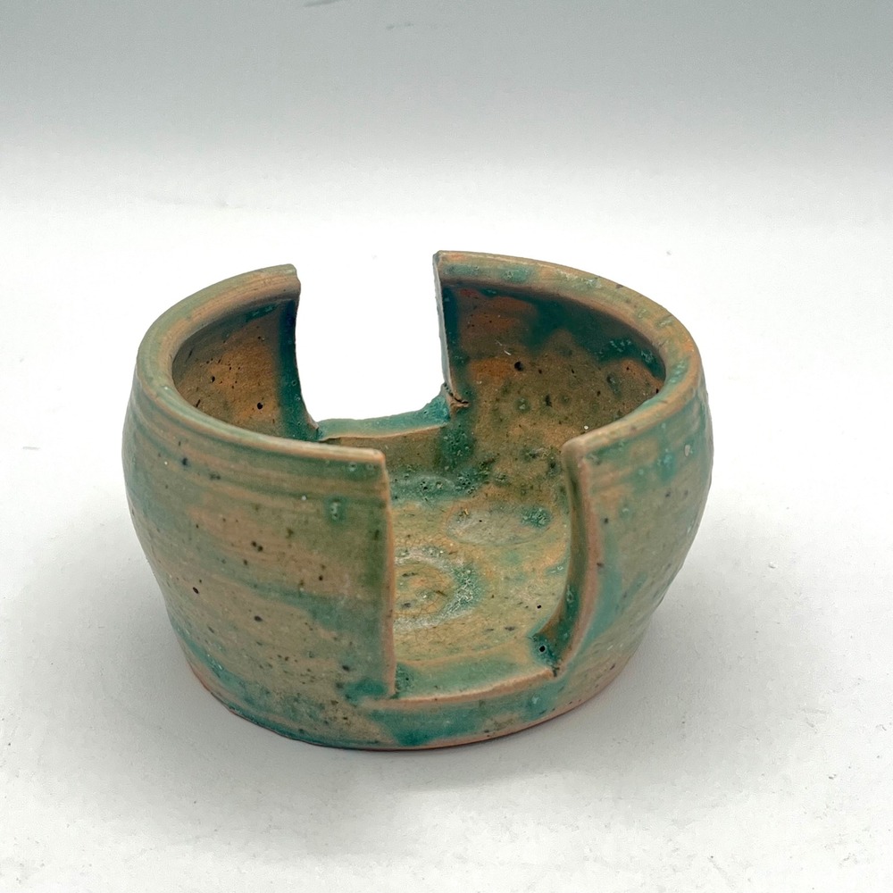Studio Pottery Sponge Holder Hand Thrown Green Tan Glaze Artisan Caddy